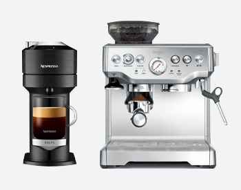 Nespresso Vertuo and Sage Barista coffee machines side by side